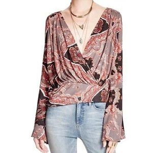 NWOT Free People Fiona Top Size XS Bell Sleeve Faux Wrap Brown Multi